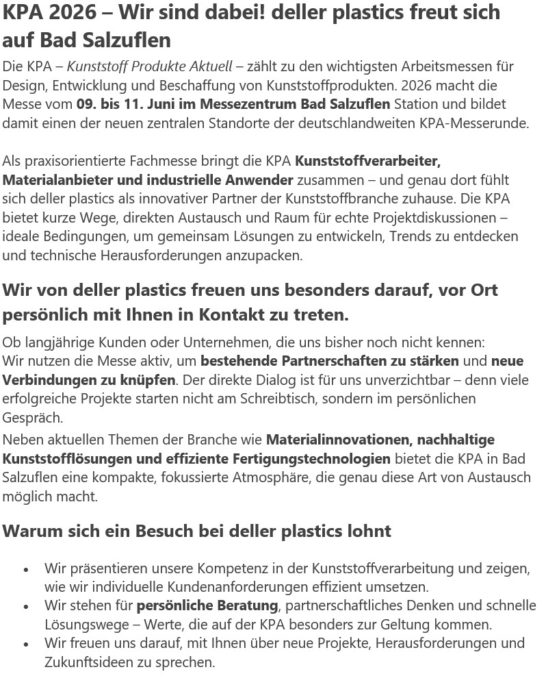 KPA 2026 – Wir sind dabei! deller plastics freut sich auf Bad Salzuflen